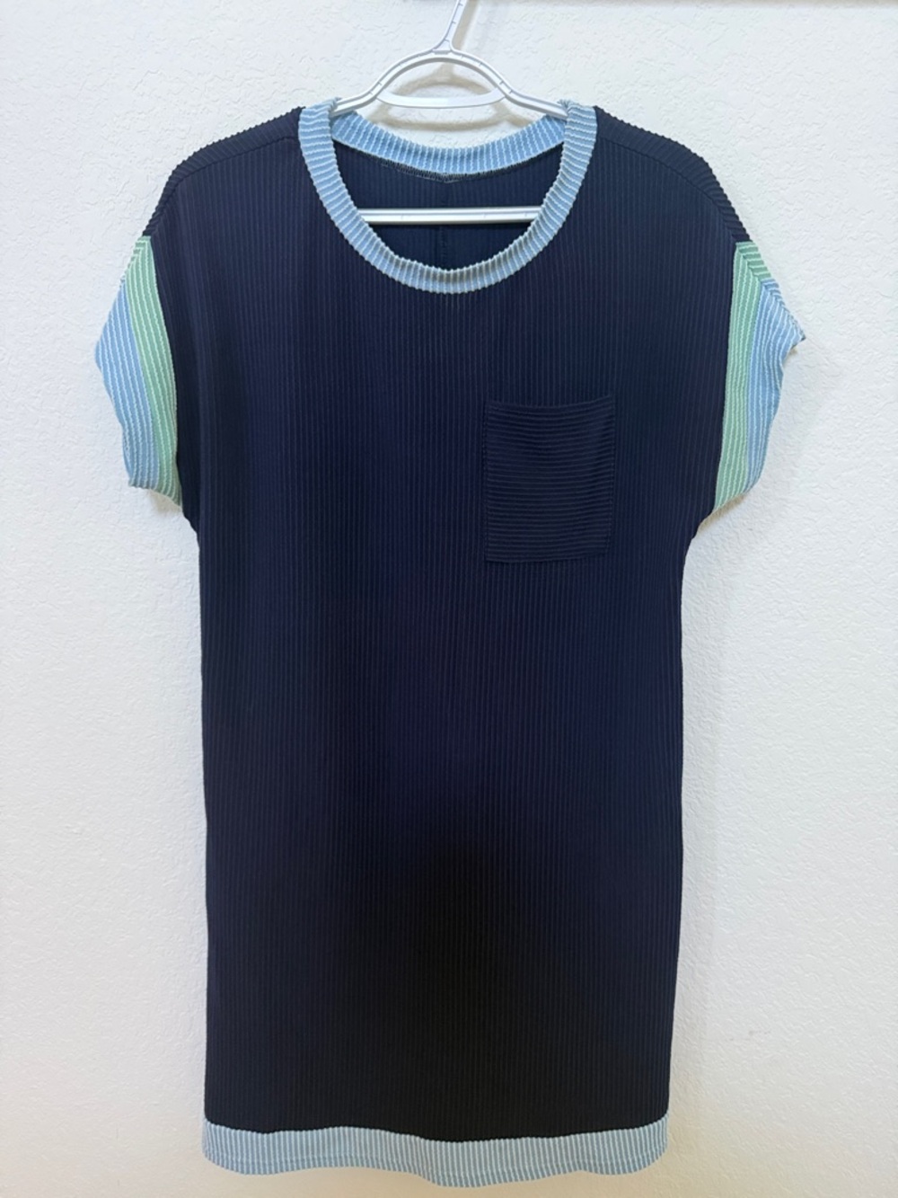 Navy Ribbed Knit Shift Dress with Pastel Blue and Light Green Trim
